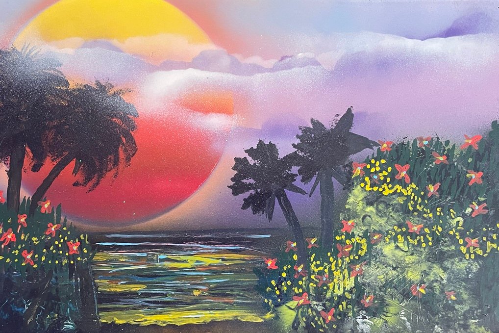 Tropical Sunset Palm Trees Flowers